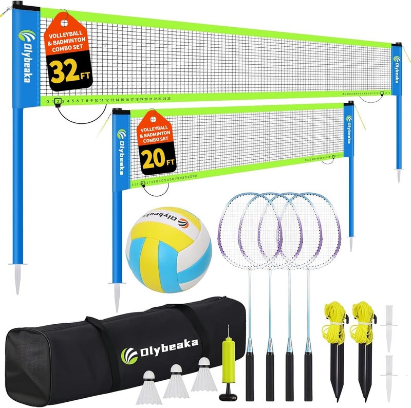 Olybeaka Outdoor Volleyball & Badminton Combo Net Set for Backyard, Beach with 2 Nets, Adjustable Poles, 4 Aluminum Rackets, PU Volleyball, Portable Carry Bag - Image 1
